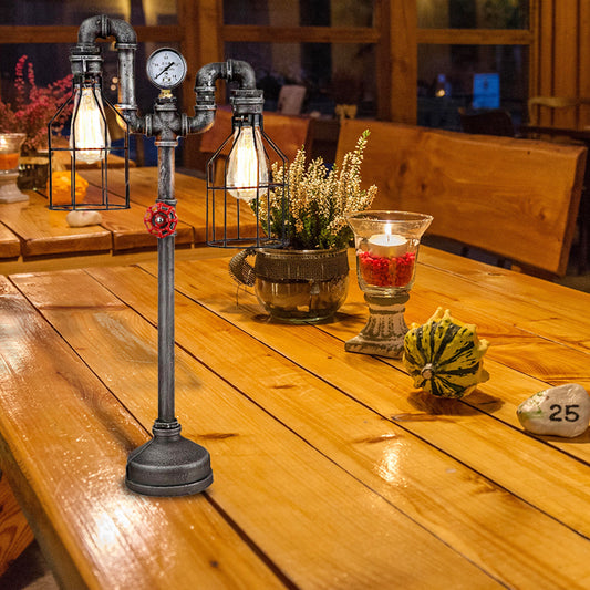 Industrial Wire Guard Table Light with Gauge and Valve 2 Lights Wrought Iron Standing Table Light in Silver Silver Clearhalo 'Lamps' 'Table Lamps' Lighting' 195539