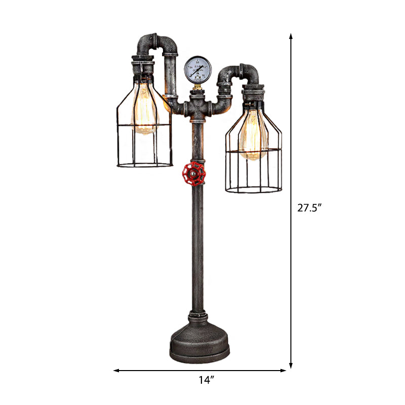 Industrial Wire Guard Table Light with Gauge and Valve 2 Lights Wrought Iron Standing Table Light in Silver Clearhalo 'Lamps' 'Table Lamps' Lighting' 195541