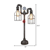 Industrial Wire Guard Table Light with Gauge and Valve 2 Lights Wrought Iron Standing Table Light in Silver Clearhalo 'Lamps' 'Table Lamps' Lighting' 195541