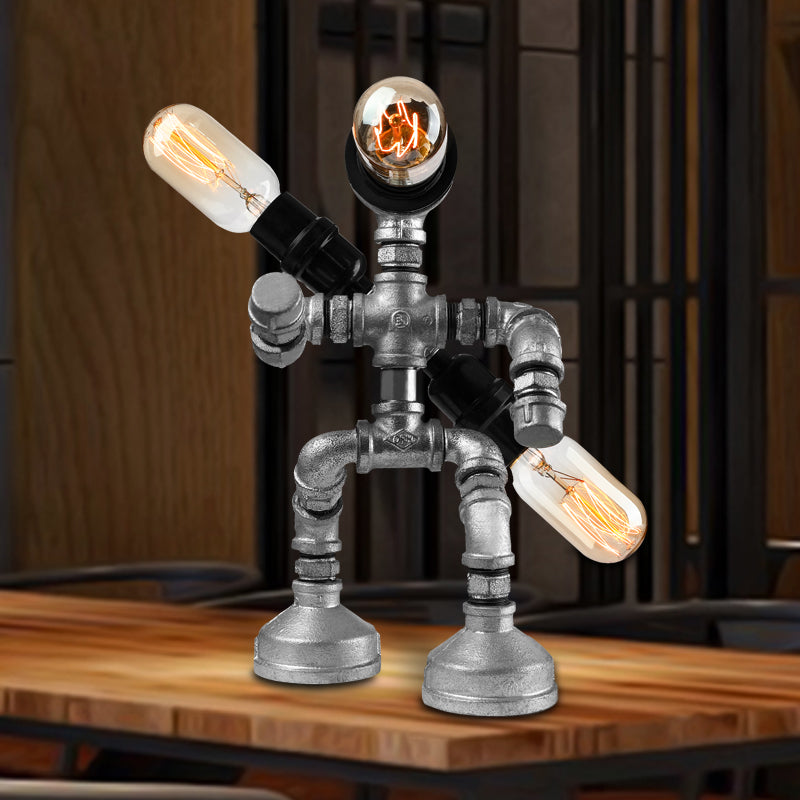 Wrought Iron Robot Design Table Lamp with Water Pipe Industrial 1/3-Bulb Bedroom Standing Table Light in Silver Clearhalo 'Lamps' 'Table Lamps' Lighting' 195565