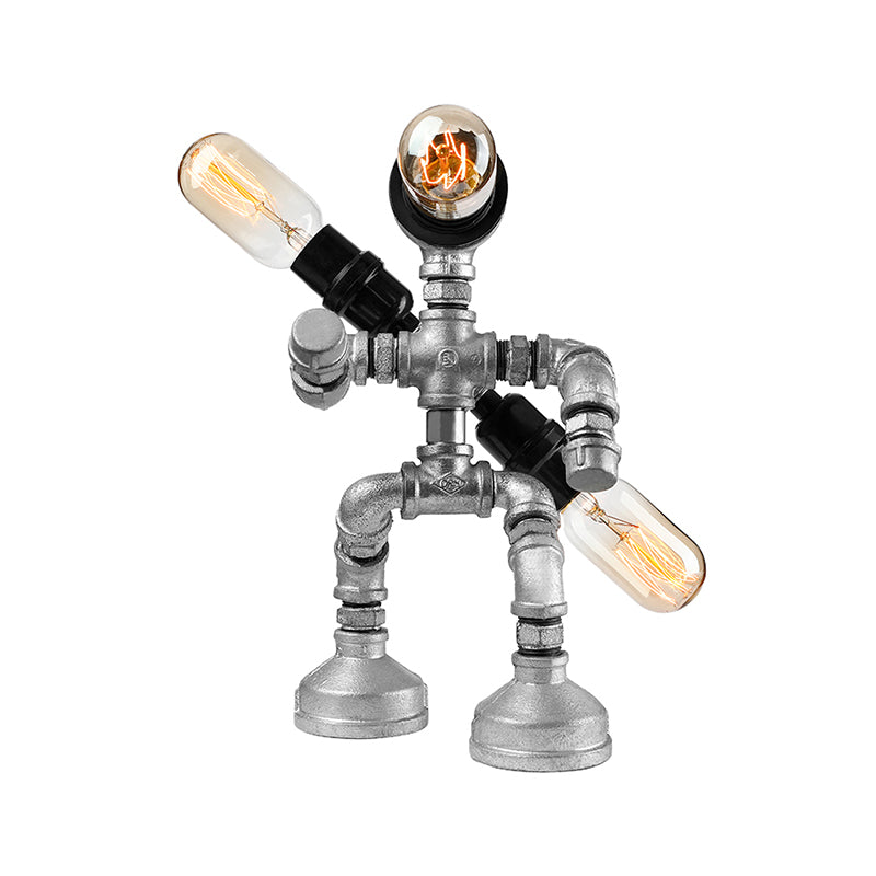 Wrought Iron Robot Design Table Lamp with Water Pipe Industrial 1/3-Bulb Bedroom Standing Table Light in Silver Clearhalo 'Lamps' 'Table Lamps' Lighting' 195566