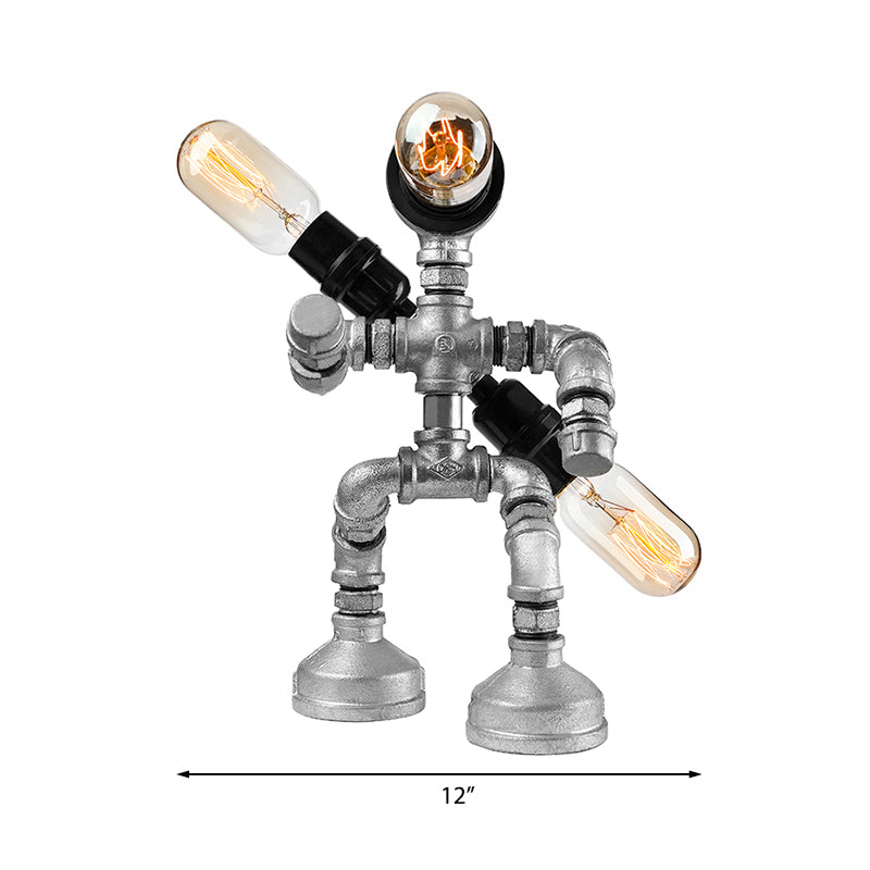 Wrought Iron Robot Design Table Lamp with Water Pipe Industrial 1/3-Bulb Bedroom Standing Table Light in Silver Clearhalo 'Lamps' 'Table Lamps' Lighting' 195567