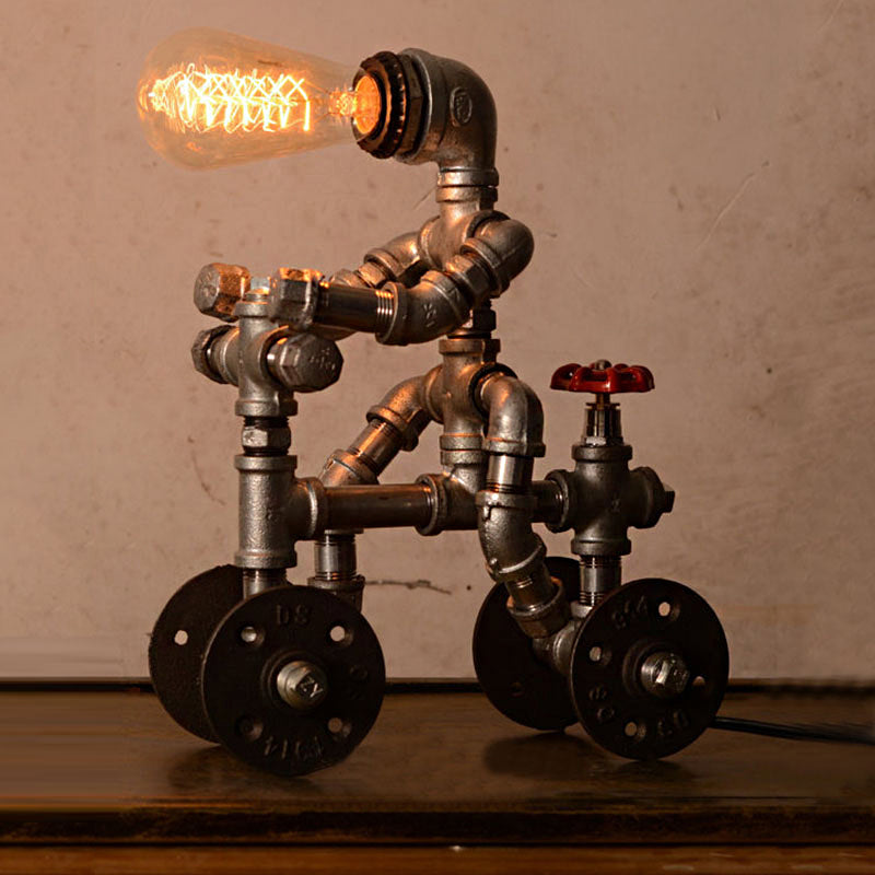 Wrought Iron Robot Design Table Lamp with Water Pipe Industrial 1/3-Bulb Bedroom Standing Table Light in Silver Silver B Clearhalo 'Lamps' 'Table Lamps' Lighting' 195572