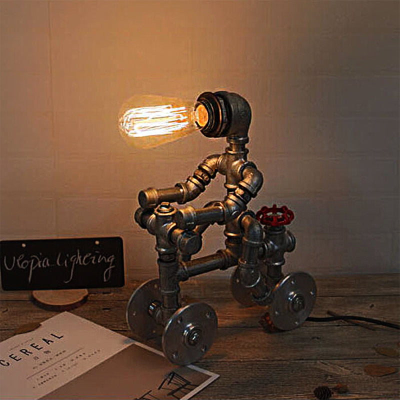 Wrought Iron Robot Design Table Lamp with Water Pipe Industrial 1/3-Bulb Bedroom Standing Table Light in Silver Clearhalo 'Lamps' 'Table Lamps' Lighting' 195573