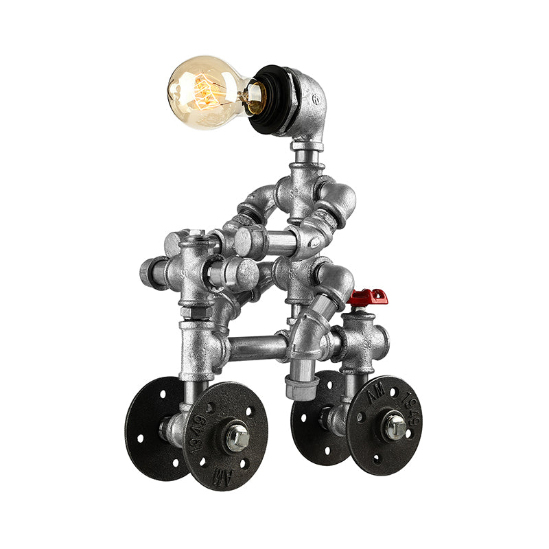 Wrought Iron Robot Design Table Lamp with Water Pipe Industrial 1/3-Bulb Bedroom Standing Table Light in Silver Clearhalo 'Lamps' 'Table Lamps' Lighting' 195574