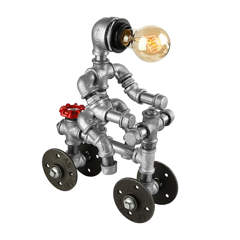 Wrought Iron Robot Design Table Lamp with Water Pipe Industrial 1/3-Bulb Bedroom Standing Table Light in Silver Clearhalo 'Lamps' 'Table Lamps' Lighting' 195575