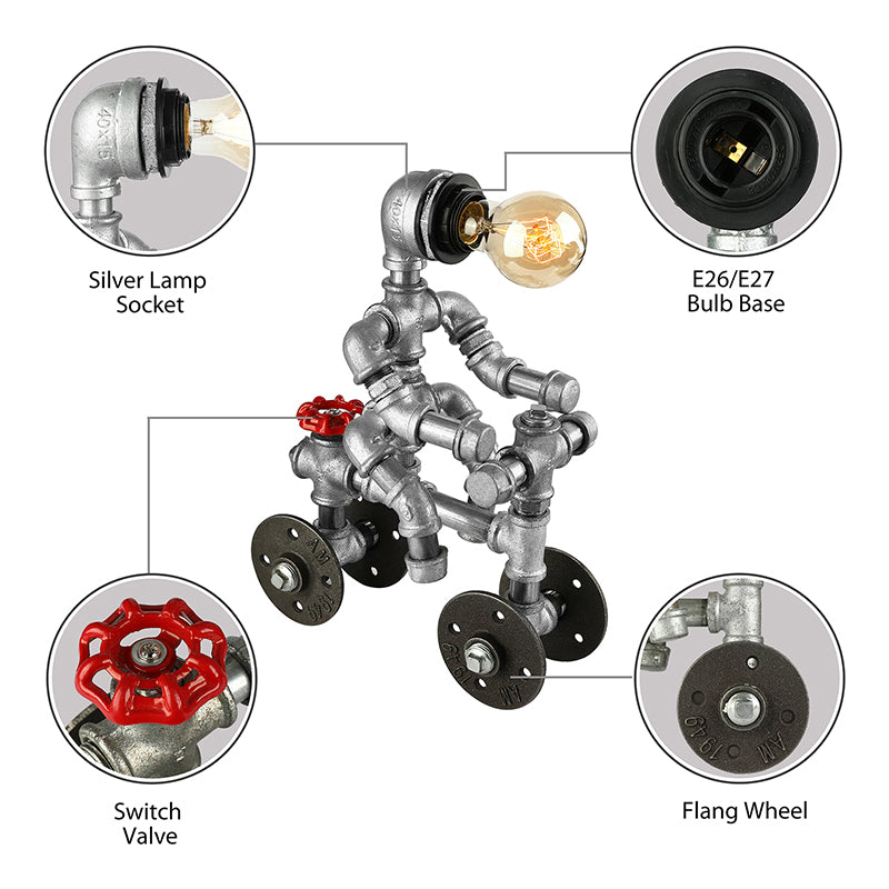 Wrought Iron Robot Design Table Lamp with Water Pipe Industrial 1/3-Bulb Bedroom Standing Table Light in Silver Clearhalo 'Lamps' 'Table Lamps' Lighting' 195577