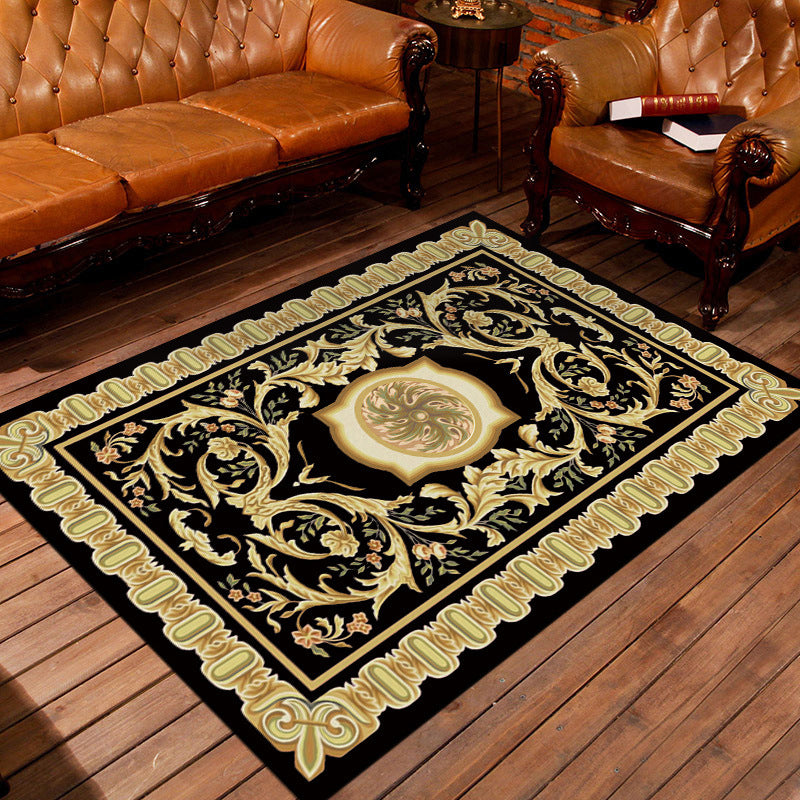Moroccan Living Room Rug in Black and Yellow Floral Leaf Motif Print Carpet Polyester Area Rug Yellow Clearhalo 'Area Rug' 'Moroccan' 'Rugs' Rug' 1955835