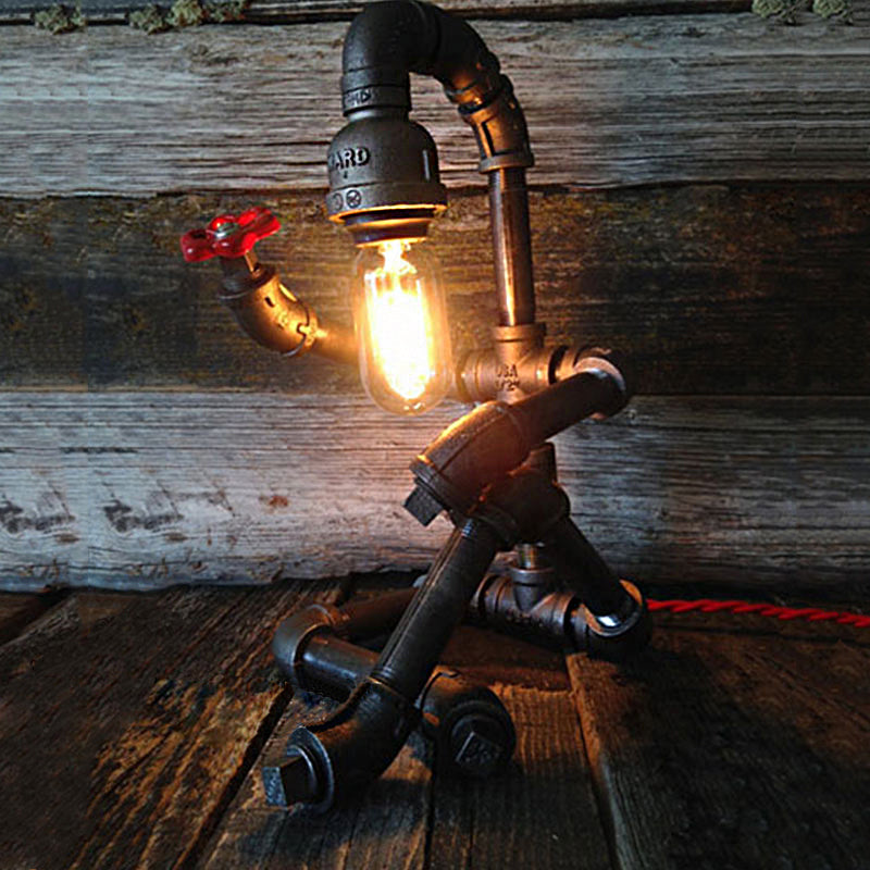 Metallic Plumbing Pipe Table Lighting with Valve Industrial 1 Light Bedroom Standing Table Lamp in Antique Brass/Bronze Clearhalo 'Lamps' 'Table Lamps' Lighting' 195601