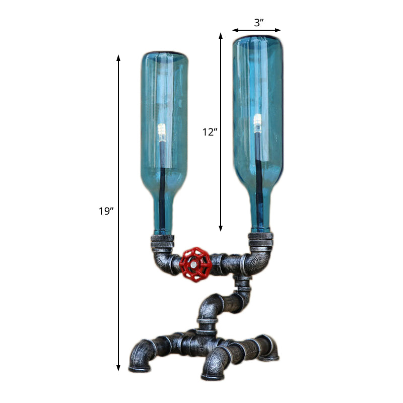 Antique Silver 2 Bulbs Table Light Industrial Iron and Glass Wine Bottle Shade Standing Table Lamp with Pipe-Like Base Clearhalo 'Lamps' 'Table Lamps' Lighting' 195657
