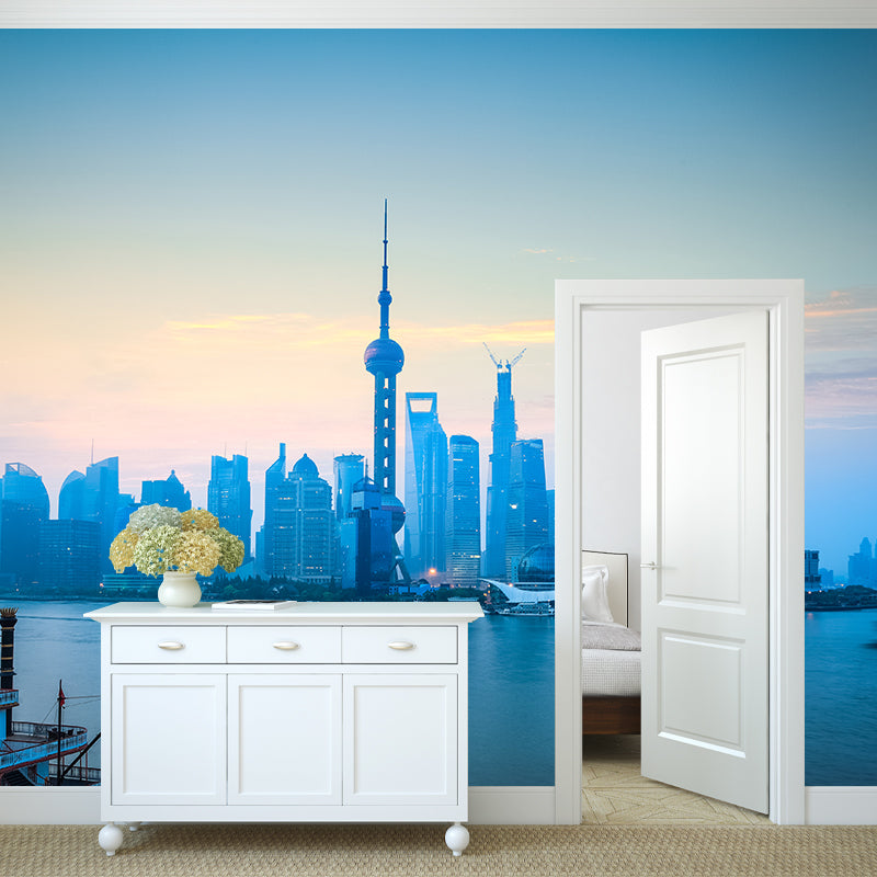 World Landmark Night Scene Mural Global Inspired Non-Woven Wall Decor for House Interior Light Blue Clearhalo 'Wall Decor' 'Wall Mural' 1956926