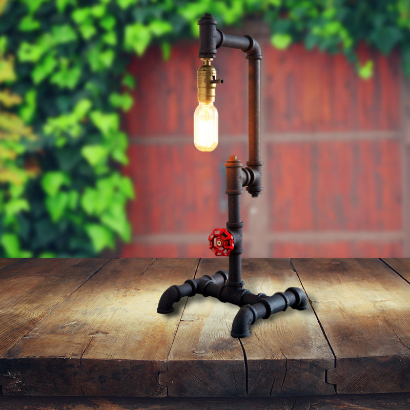 1 Light Standing Light Industrial Style Pipe Design Metallic Table Light with Red Valve in Dark Rust for Living Room Clearhalo 'Lamps' 'Table Lamps' Lighting' 195742