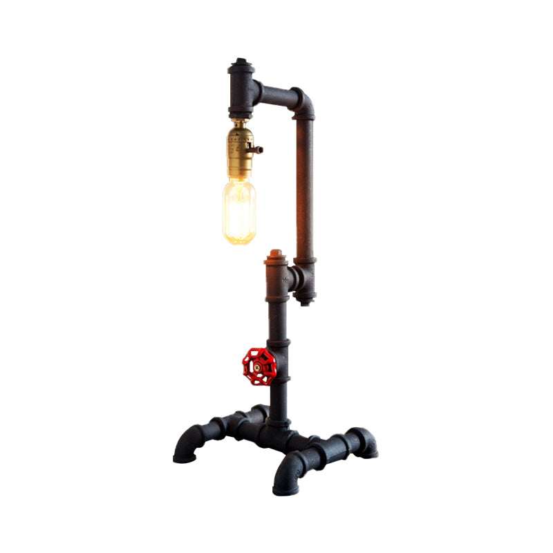 1 Light Standing Light Industrial Style Pipe Design Metallic Table Light with Red Valve in Dark Rust for Living Room Clearhalo 'Lamps' 'Table Lamps' Lighting' 195743