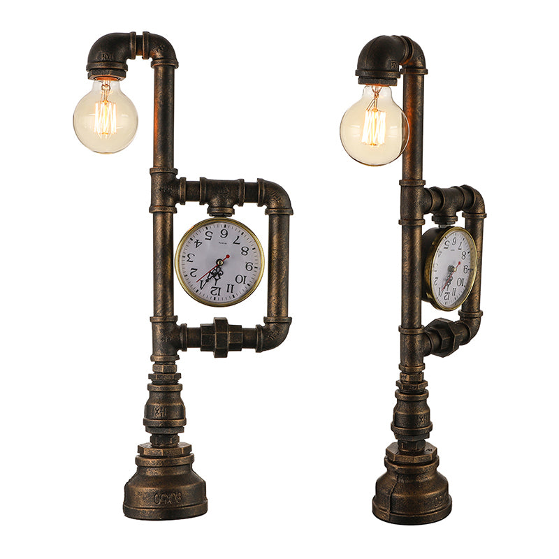 Brass 1 Head Table Light Rustic Style Wrought Iron Water Pipe Table Lamp with Clock Decoration Clearhalo 'Lamps' 'Table Lamps' Lighting' 195750