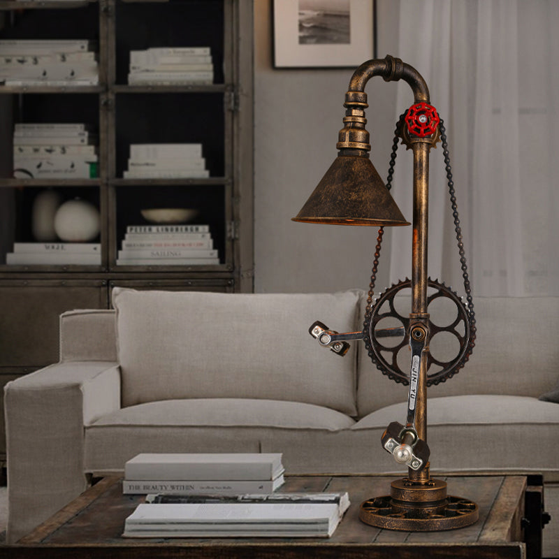 Industrial Cone Table Lighting with Bicycle Design 1 Light Metallic Standing Table Light in Aged Brass Antique Brass Clearhalo 'Lamps' 'Table Lamps' Lighting' 195754