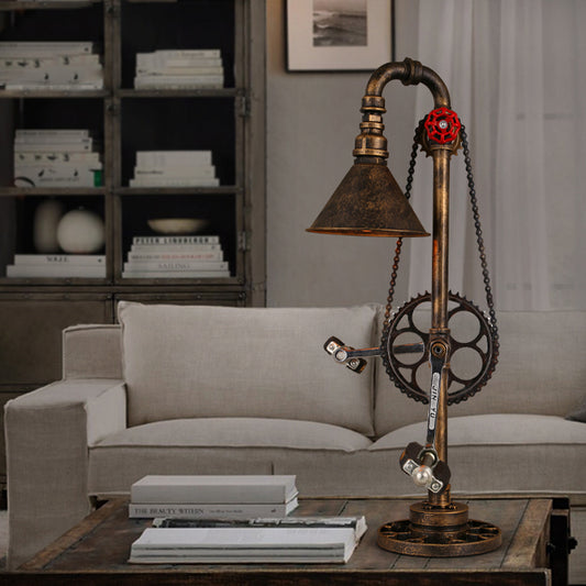 Industrial Cone Table Lighting with Bicycle Design 1 Light Metallic Standing Table Light in Aged Brass Antique Brass Clearhalo 'Lamps' 'Table Lamps' Lighting' 195754