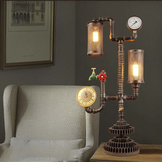 2 Lights Steampunk Table Light with Cylindrical Mesh Shade Industrial Style Aged Silver Metal Table Lamp Aged Silver Clearhalo 'Lamps' 'Table Lamps' Lighting' 195758