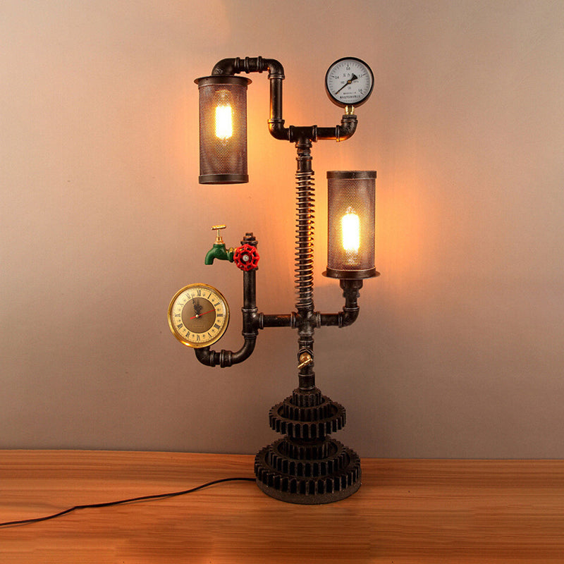 2 Lights Steampunk Table Light with Cylindrical Mesh Shade Industrial Style Aged Silver Metal Table Lamp Clearhalo 'Lamps' 'Table Lamps' Lighting' 195759