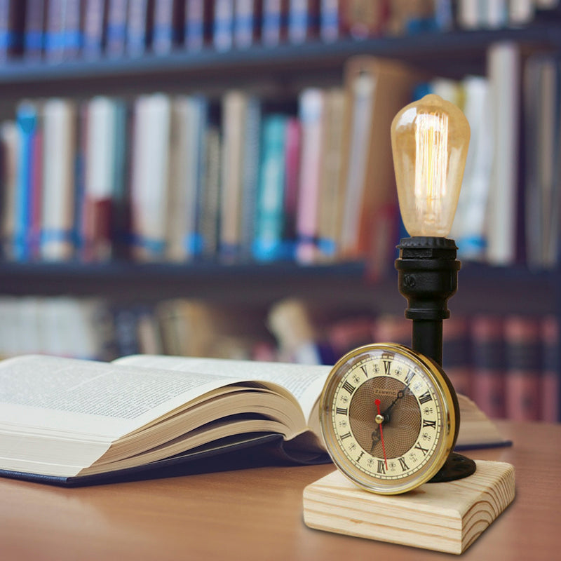 Metal Piped Table Lighting with Clock and Wooden Base Industrial 1 Light Library Mini Table Lamp in Black Black Clearhalo 'Lamps' 'Table Lamps' Lighting' 195790