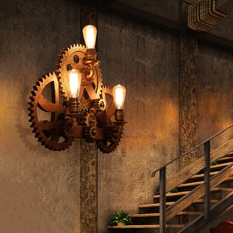 3 Bulbs Gear Wall Sconce Lighting Factory Rust Metal Wall Light Fixture for Coffee Shop Clearhalo 'Art deco wall lights' 'Cast Iron' 'Glass' 'Industrial wall lights' 'Industrial' 'Middle century wall lights' 'Modern' 'Rustic wall lights' 'Tiffany' 'Traditional wall lights' 'Wall Lamps & Sconces' 'Wall Lights' Lighting' 1957913