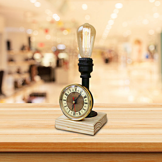 Metal Piped Table Lighting with Clock and Wooden Base Industrial 1 Light Library Mini Table Lamp in Black Clearhalo 'Lamps' 'Table Lamps' Lighting' 195791