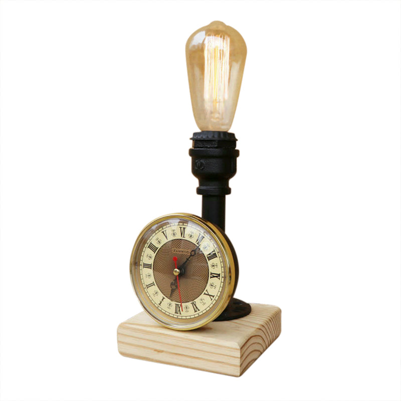 Metal Piped Table Lighting with Clock and Wooden Base Industrial 1 Light Library Mini Table Lamp in Black Clearhalo 'Lamps' 'Table Lamps' Lighting' 195792