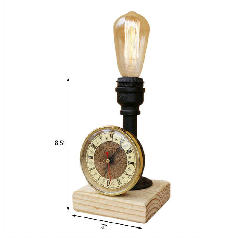 Metal Piped Table Lighting with Clock and Wooden Base Industrial 1 Light Library Mini Table Lamp in Black Clearhalo 'Lamps' 'Table Lamps' Lighting' 195793