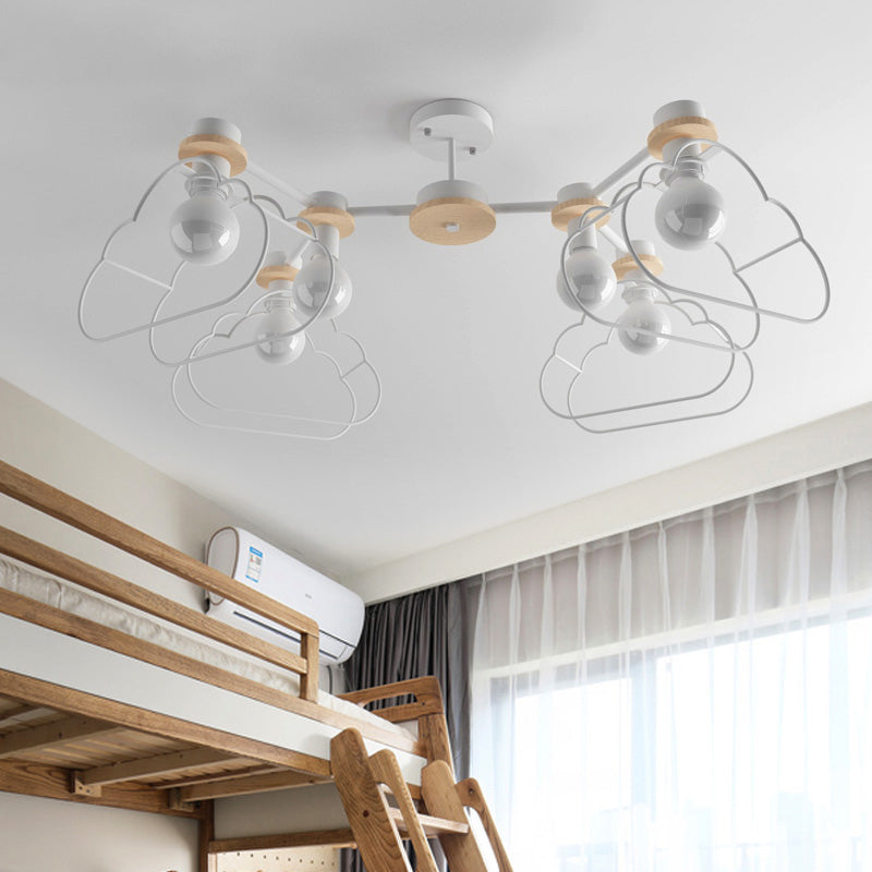 6-Light Bedroom Hanging Chandelier Cartoon White Pendant Lamp with Cloud/Star Iron Cage and Wood Cap Clearhalo 'Ceiling Lights' 'Chandeliers' Lighting' options 1957937