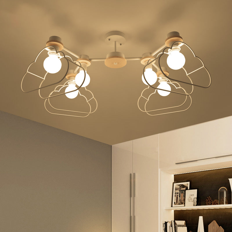 6-Light Bedroom Hanging Chandelier Cartoon White Pendant Lamp with Cloud/Star Iron Cage and Wood Cap White Cloud Clearhalo 'Ceiling Lights' 'Chandeliers' Lighting' options 1957938_02e0cc7a-3fa8-43ca-923c-4923a94f3db5