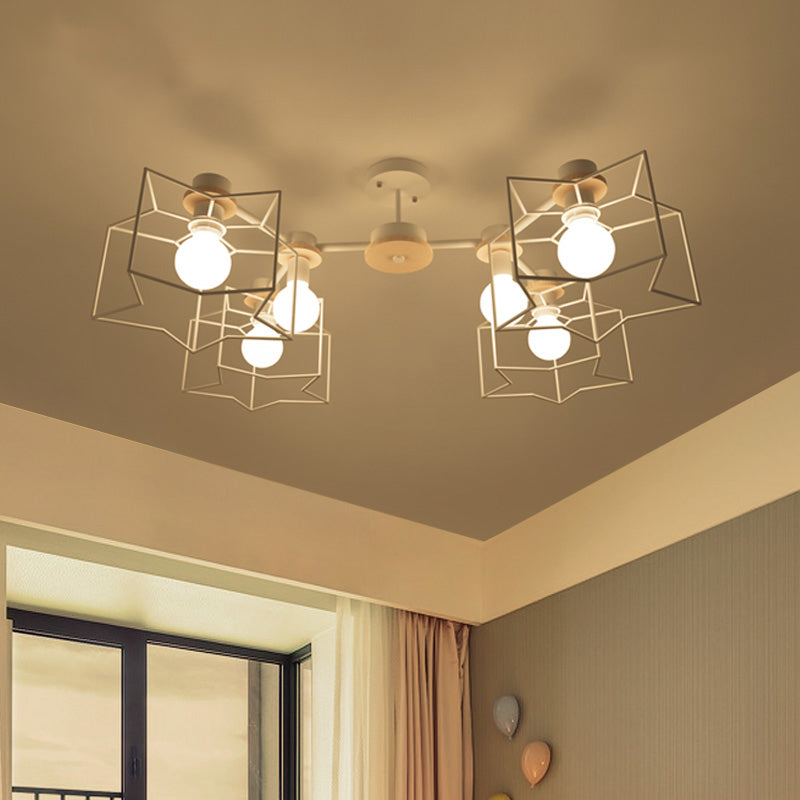 6-Light Bedroom Hanging Chandelier Cartoon White Pendant Lamp with Cloud/Star Iron Cage and Wood Cap Clearhalo 'Ceiling Lights' 'Chandeliers' Lighting' options 1957942