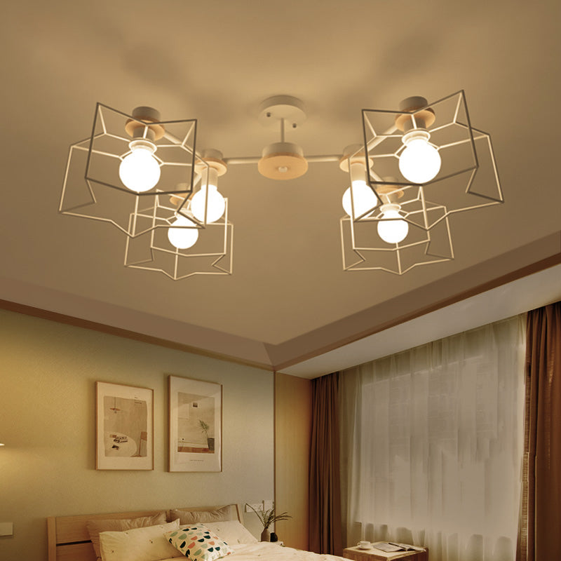 6-Light Bedroom Hanging Chandelier Cartoon White Pendant Lamp with Cloud/Star Iron Cage and Wood Cap Clearhalo 'Ceiling Lights' 'Chandeliers' Lighting' options 1957943