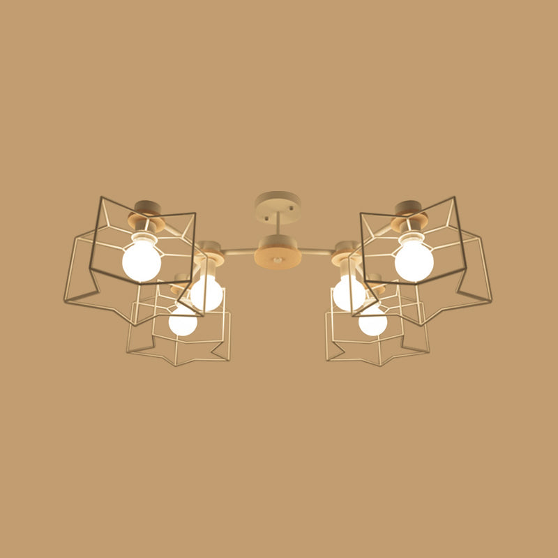 6-Light Bedroom Hanging Chandelier Cartoon White Pendant Lamp with Cloud/Star Iron Cage and Wood Cap Clearhalo 'Ceiling Lights' 'Chandeliers' Lighting' options 1957945