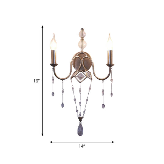 Silver Candle Wall Lighting Rustic Metal 2 Heads Living Room Sconce Light with Crystal Bracelet Decor Clearhalo 'Wall Lamps & Sconces' 'Wall Lights' Lighting' 1957981