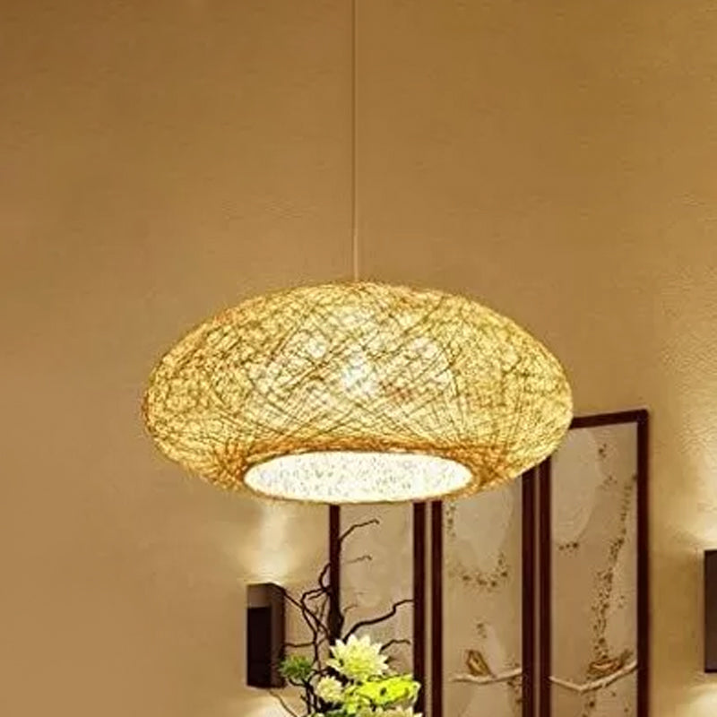 Beige Ellipse Pendulum Light Asia 1 Bulb Rattan Hanging Pendant over Table, 16"/19.5" Wide Beige Clearhalo 'Ceiling Lights' 'Modern Pendants' 'Modern' 'Pendant Lights' 'Pendants' Lighting' 1957998