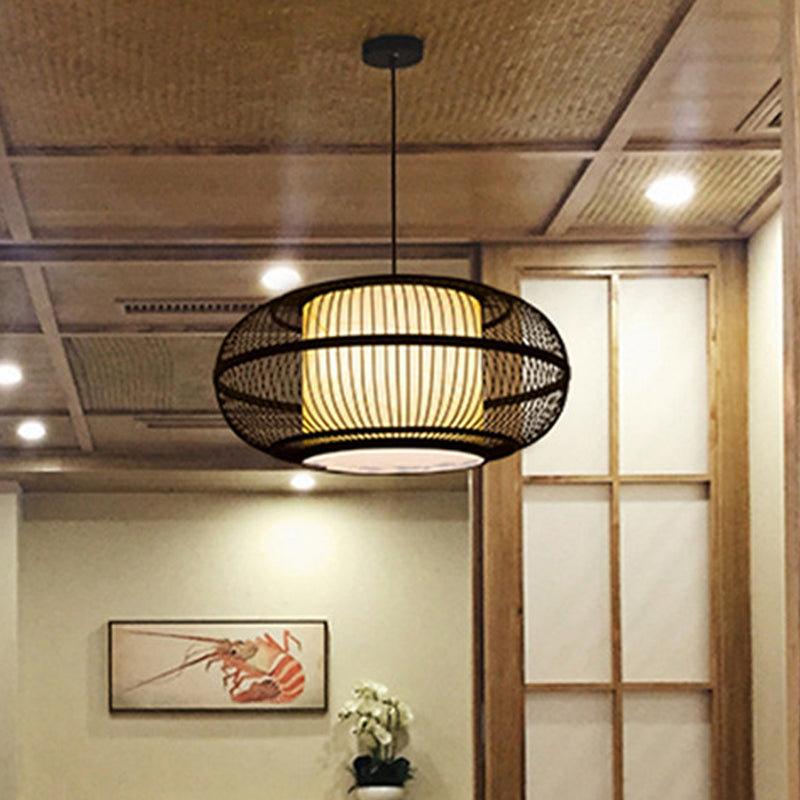 Black Oval Ceiling Hanging Lantern Chinese 1 Bulb Bamboo Pendant Lamp with Ancient Riverside Town Print, 19.5"/23.5" W Black Clearhalo 'Ceiling Lights' 'Modern Pendants' 'Modern' 'Pendant Lights' 'Pendants' Lighting' 1958004