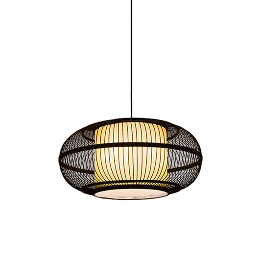 Black Oval Ceiling Hanging Lantern Chinese 1 Bulb Bamboo Pendant Lamp with Ancient Riverside Town Print, 19.5"/23.5" W Clearhalo 'Ceiling Lights' 'Modern Pendants' 'Modern' 'Pendant Lights' 'Pendants' Lighting' 1958006