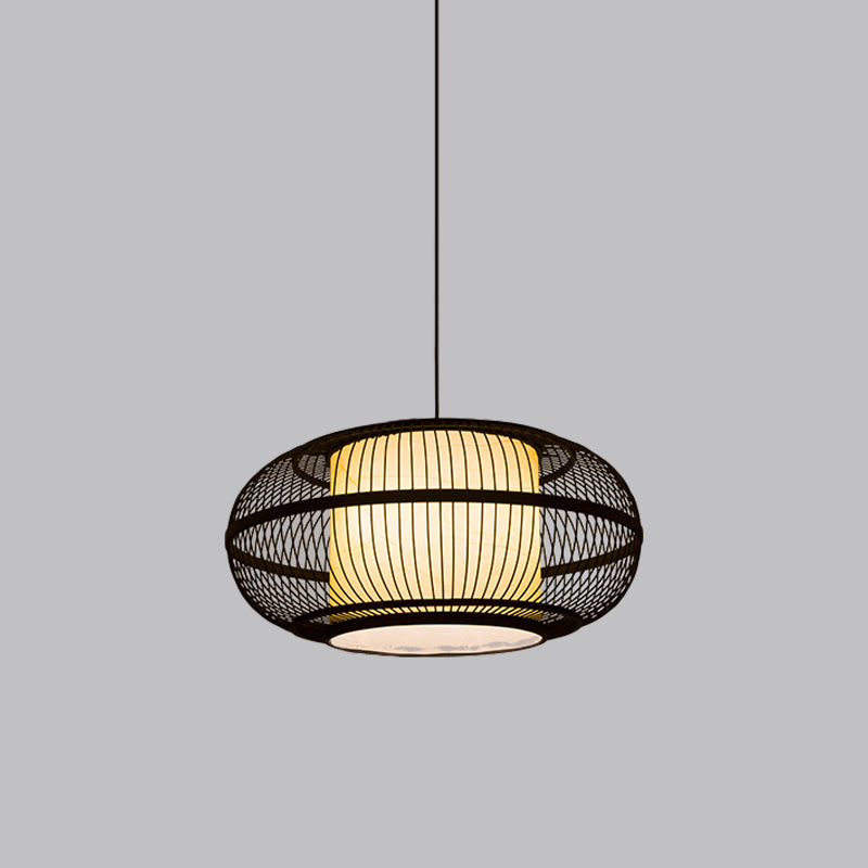 Black Oval Ceiling Hanging Lantern Chinese 1 Bulb Bamboo Pendant Lamp with Ancient Riverside Town Print, 19.5"/23.5" W Clearhalo 'Ceiling Lights' 'Modern Pendants' 'Modern' 'Pendant Lights' 'Pendants' Lighting' 1958007