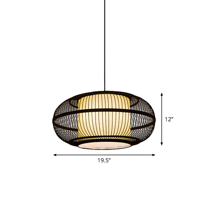 Black Oval Ceiling Hanging Lantern Chinese 1 Bulb Bamboo Pendant Lamp with Ancient Riverside Town Print, 19.5"/23.5" W Clearhalo 'Ceiling Lights' 'Modern Pendants' 'Modern' 'Pendant Lights' 'Pendants' Lighting' 1958008