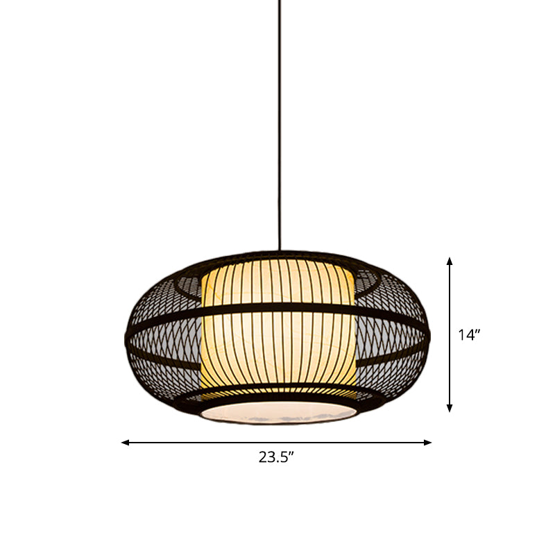 Black Oval Ceiling Hanging Lantern Chinese 1 Bulb Bamboo Pendant Lamp with Ancient Riverside Town Print, 19.5"/23.5" W Clearhalo 'Ceiling Lights' 'Modern Pendants' 'Modern' 'Pendant Lights' 'Pendants' Lighting' 1958009