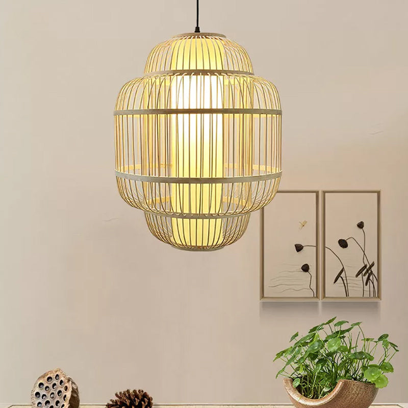 Bamboo Lantern Pendant Lighting Asian 1-Light Beige Down Lighting for Dining Room, 16"/19.5"/31.5" W Beige Clearhalo 'Ceiling Lights' 'Modern Pendants' 'Modern' 'Pendant Lights' 'Pendants' Lighting' 1958010