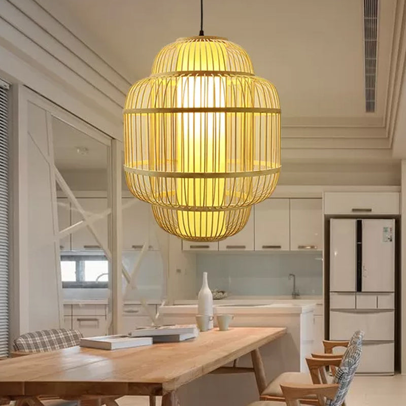 Bamboo Lantern Pendant Lighting Asian 1-Light Beige Down Lighting for Dining Room, 16"/19.5"/31.5" W Clearhalo 'Ceiling Lights' 'Modern Pendants' 'Modern' 'Pendant Lights' 'Pendants' Lighting' 1958011