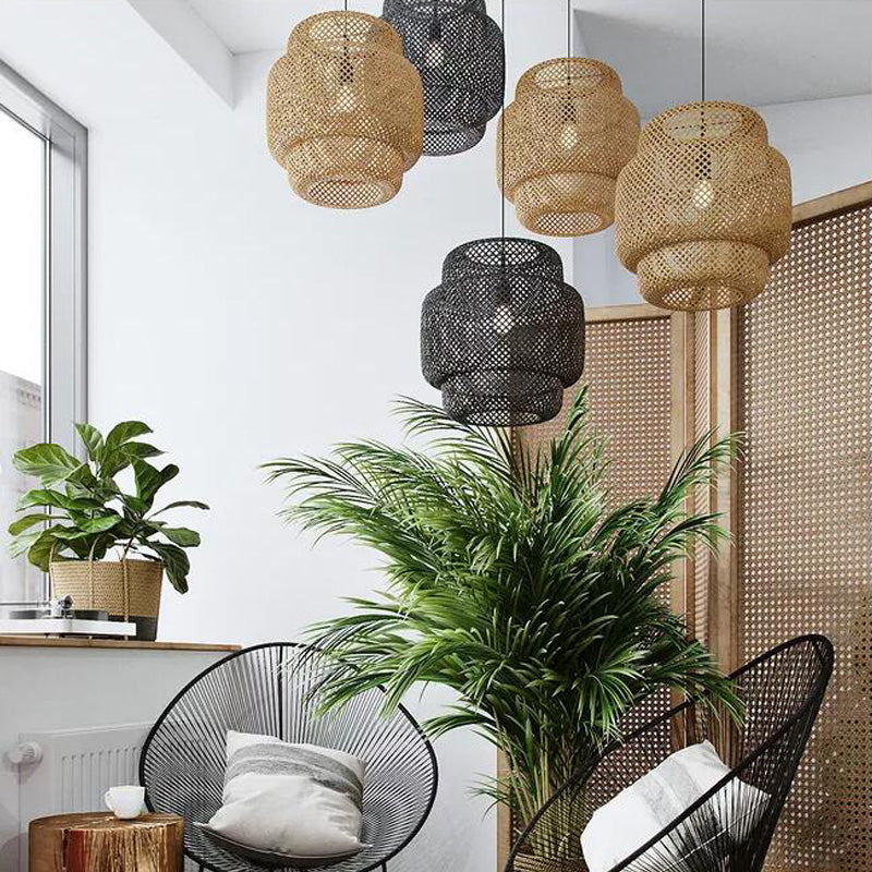Criss-Cross Woven Lantern Pendant Asian Style Bamboo 1 Bulb Living Room Hanging Light in Black/Beige, 15"/19.5" W Clearhalo 'Ceiling Lights' 'Modern Pendants' 'Modern' 'Pendant Lights' 'Pendants' Lighting' 1958031