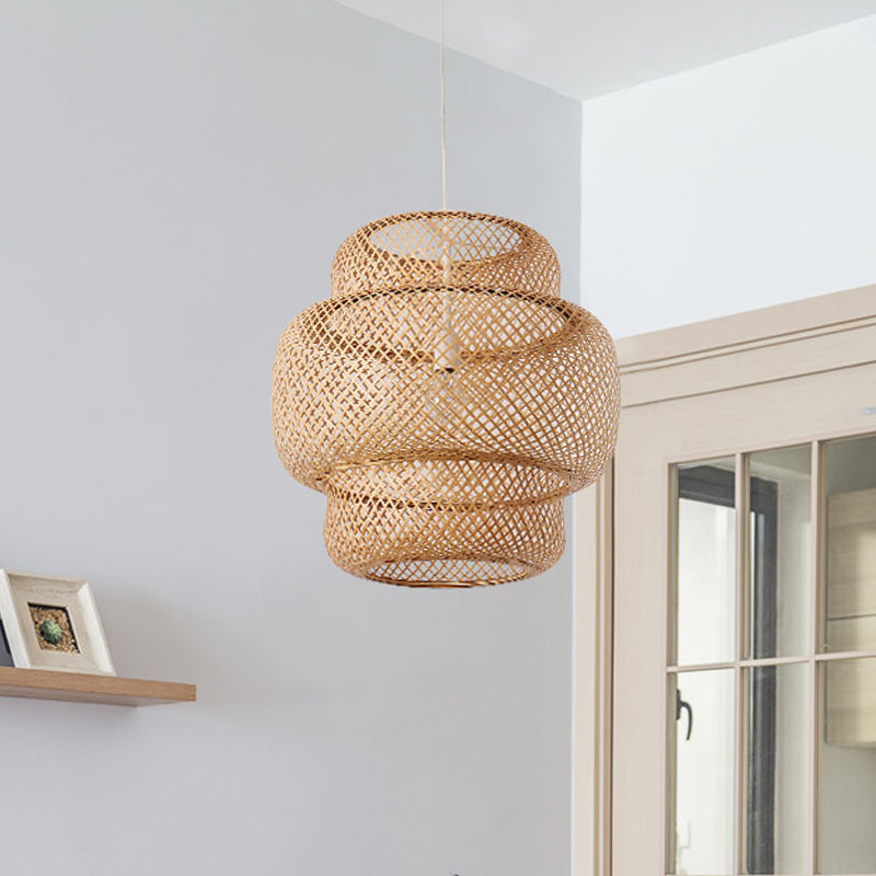 Criss-Cross Woven Lantern Pendant Asian Style Bamboo 1 Bulb Living Room Hanging Light in Black/Beige, 15"/19.5" W Clearhalo 'Ceiling Lights' 'Modern Pendants' 'Modern' 'Pendant Lights' 'Pendants' Lighting' 1958034
