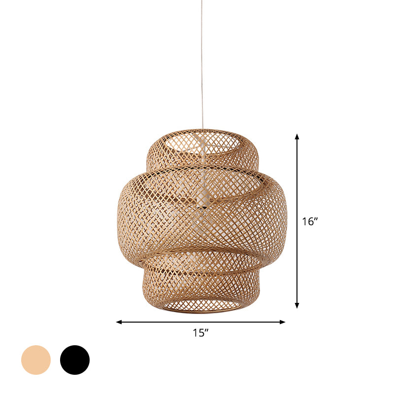 Criss-Cross Woven Lantern Pendant Asian Style Bamboo 1 Bulb Living Room Hanging Light in Black/Beige, 15"/19.5" W Clearhalo 'Ceiling Lights' 'Modern Pendants' 'Modern' 'Pendant Lights' 'Pendants' Lighting' 1958036