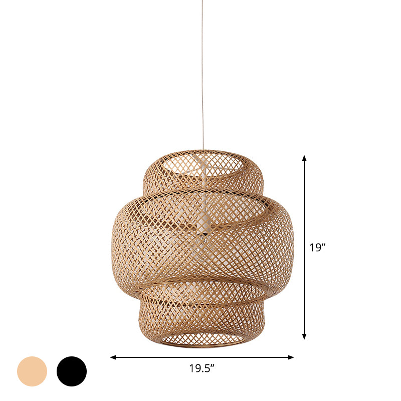 Criss-Cross Woven Lantern Pendant Asian Style Bamboo 1 Bulb Living Room Hanging Light in Black/Beige, 15"/19.5" W Clearhalo 'Ceiling Lights' 'Modern Pendants' 'Modern' 'Pendant Lights' 'Pendants' Lighting' 1958037