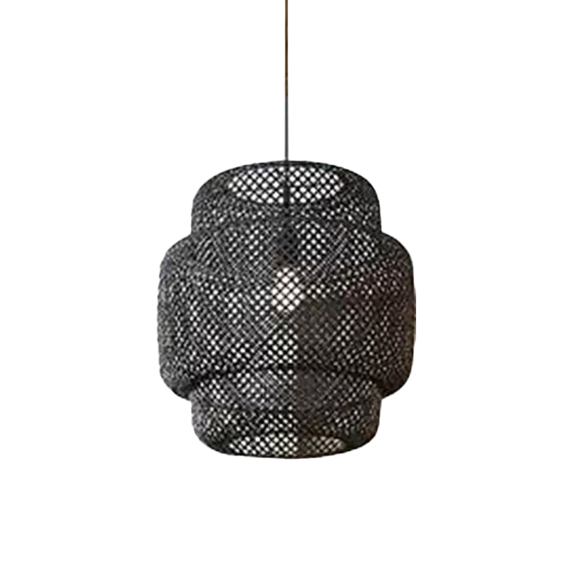 Criss-Cross Woven Lantern Pendant Asian Style Bamboo 1 Bulb Living Room Hanging Light in Black/Beige, 15"/19.5" W Black Clearhalo 'Ceiling Lights' 'Modern Pendants' 'Modern' 'Pendant Lights' 'Pendants' Lighting' 1958038