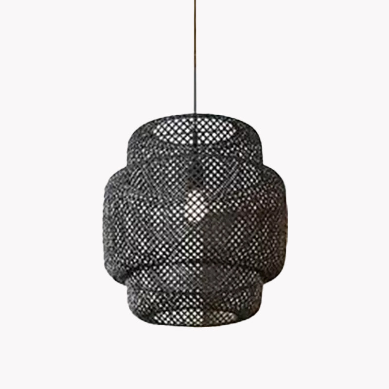 Criss-Cross Woven Lantern Pendant Asian Style Bamboo 1 Bulb Living Room Hanging Light in Black/Beige, 15"/19.5" W Clearhalo 'Ceiling Lights' 'Modern Pendants' 'Modern' 'Pendant Lights' 'Pendants' Lighting' 1958039