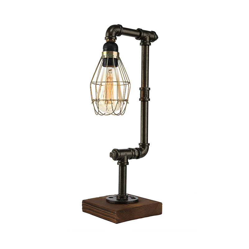 Industrial Wire Cage Table Lighting with Pipe 1 Light Metal and Wood Standing Table Lamp in Black Clearhalo 'Lamps' 'Table Lamps' Lighting' 195804