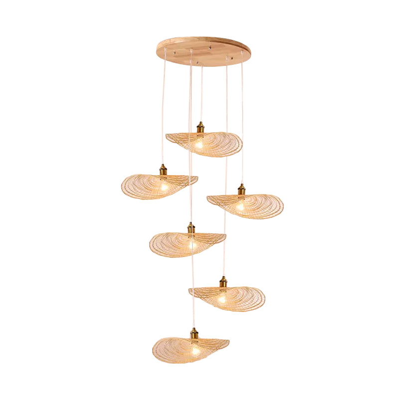 Chinese Style 1/3/6-Light Pendulum Light Beige Lotus Leaf Pendant Lighting with Bamboo Shade, 14"/16.5"/19.5" Wide Clearhalo 'Ceiling Lights' 'Modern Pendants' 'Modern' 'Pendant Lights' 'Pendants' Lighting' 1958086