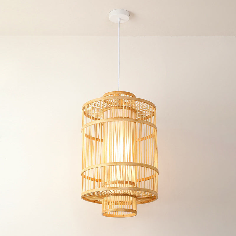 Diamond/Drum/Barrel Drop Pendant Asian Style Bamboo 1-Light Restaurant Hanging Light Kit in Beige Beige G Clearhalo 'Ceiling Lights' 'Modern Pendants' 'Modern' 'Pendant Lights' 'Pendants' Lighting' 1958179